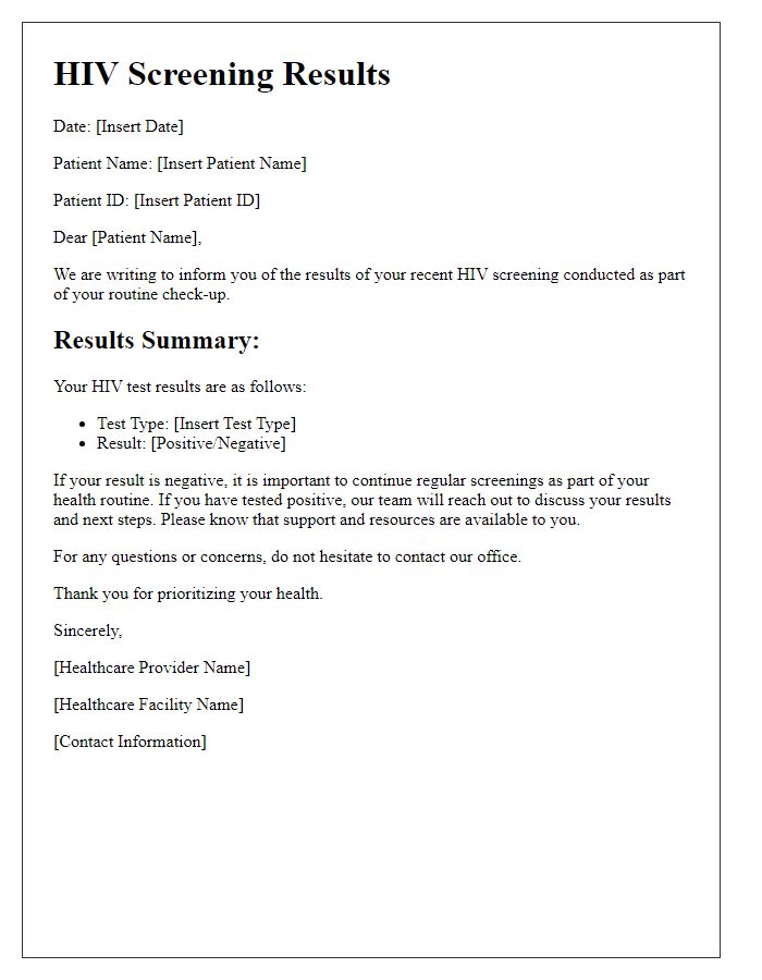 Letter template of HIV screening results for routine check-up.