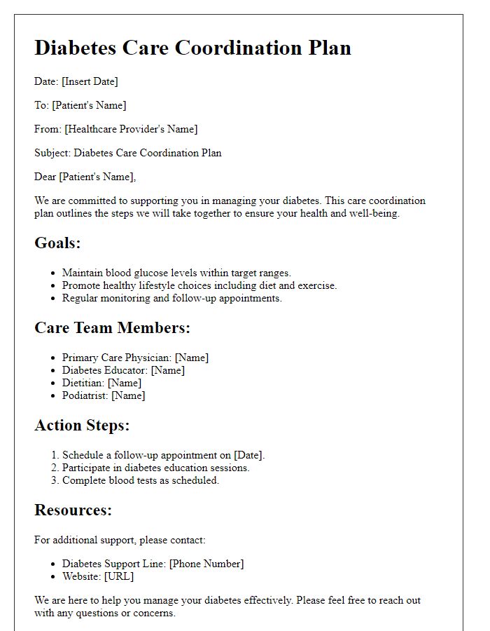 Letter template of diabetes care coordination plan