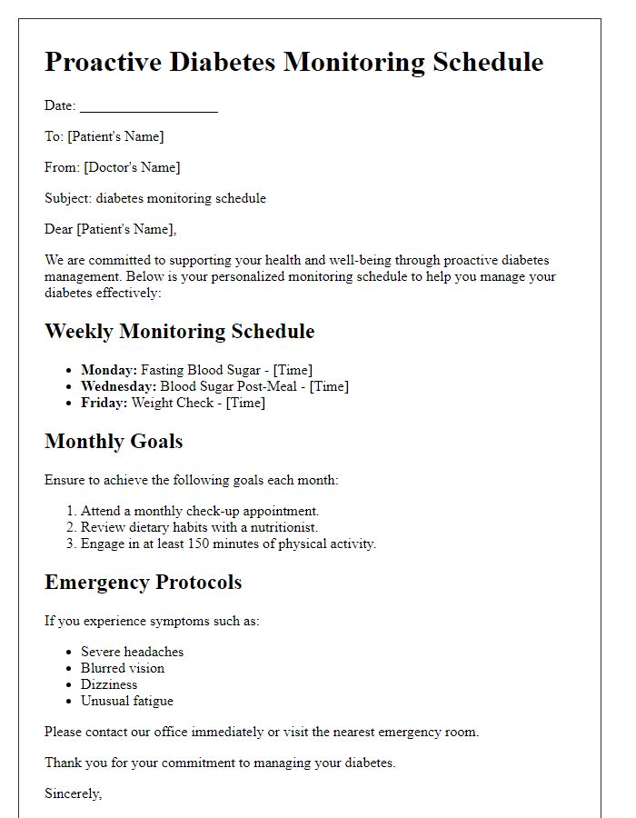 Letter template of proactive diabetes monitoring schedule