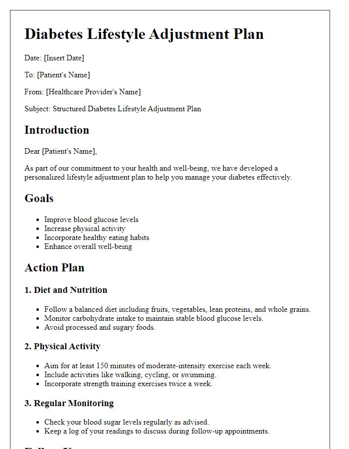 Letter template of structured diabetes lifestyle adjustment plan