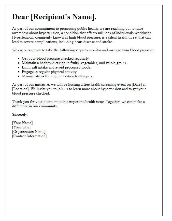 Letter template of hypertension awareness information for public health initiatives.