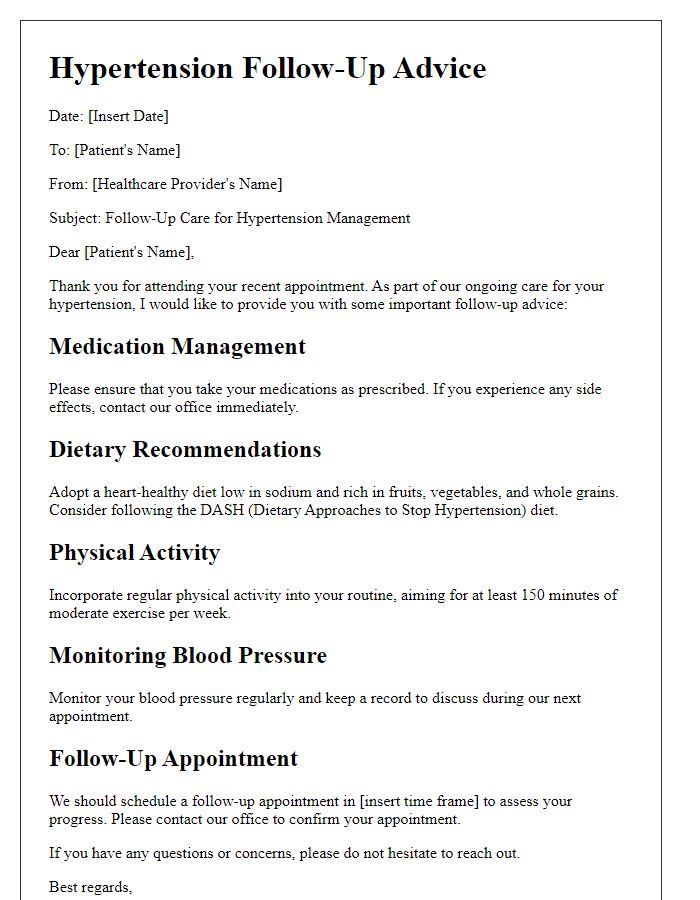 Letter template of hypertension follow-up advice for healthcare providers.