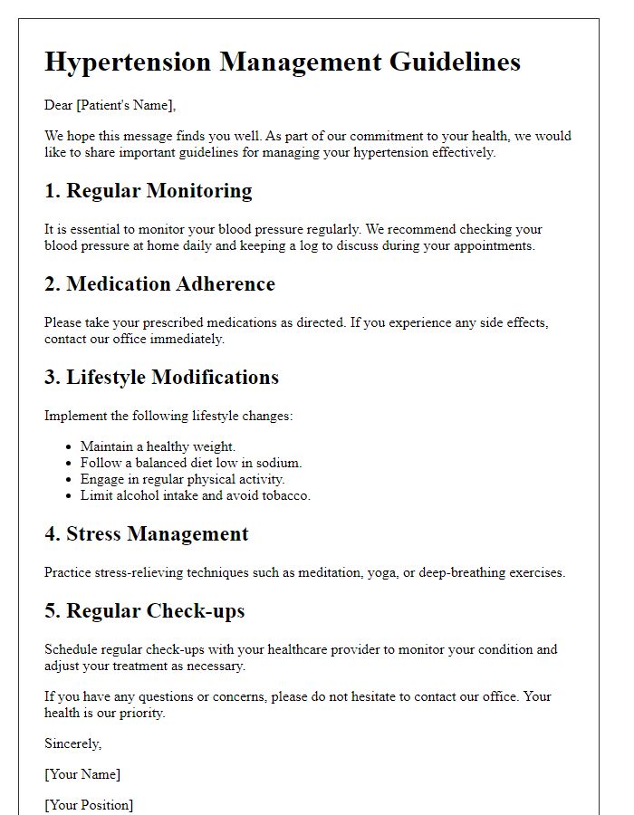 Letter template of hypertension management guidelines for patients.