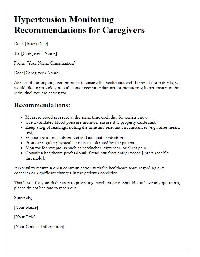 Letter template of hypertension monitoring recommendations for caregivers.