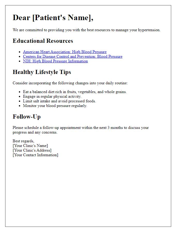 Letter template of hypertension patient education resources for clinics.