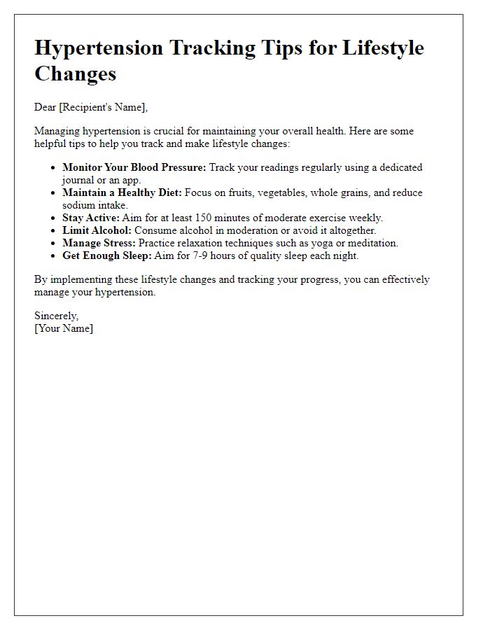 Letter template of hypertension tracking tips for lifestyle changes.