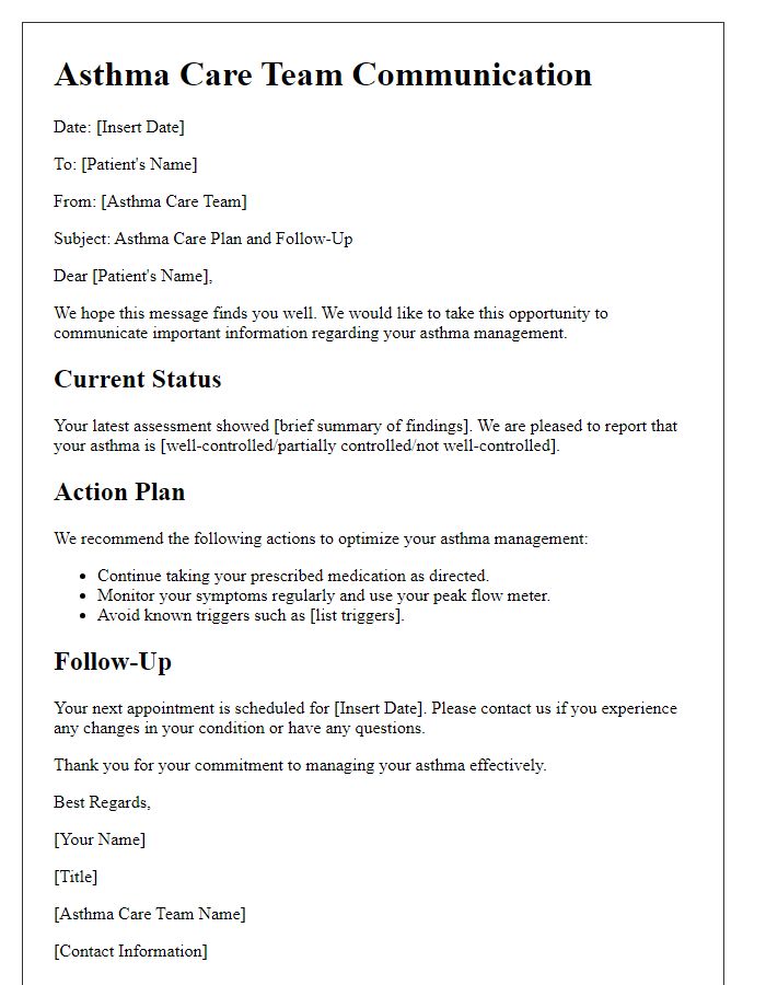 Letter template of asthma care team communication