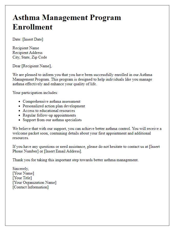 Letter template of asthma management program enrollment