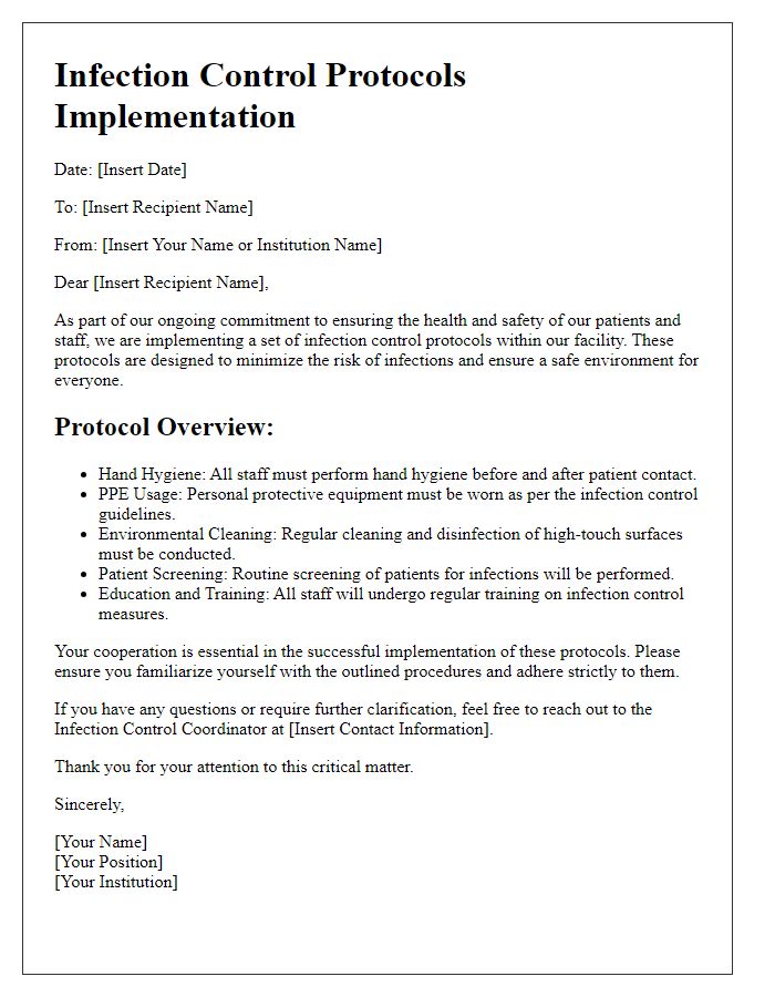 Letter template of infection control protocols for healthcare facilities