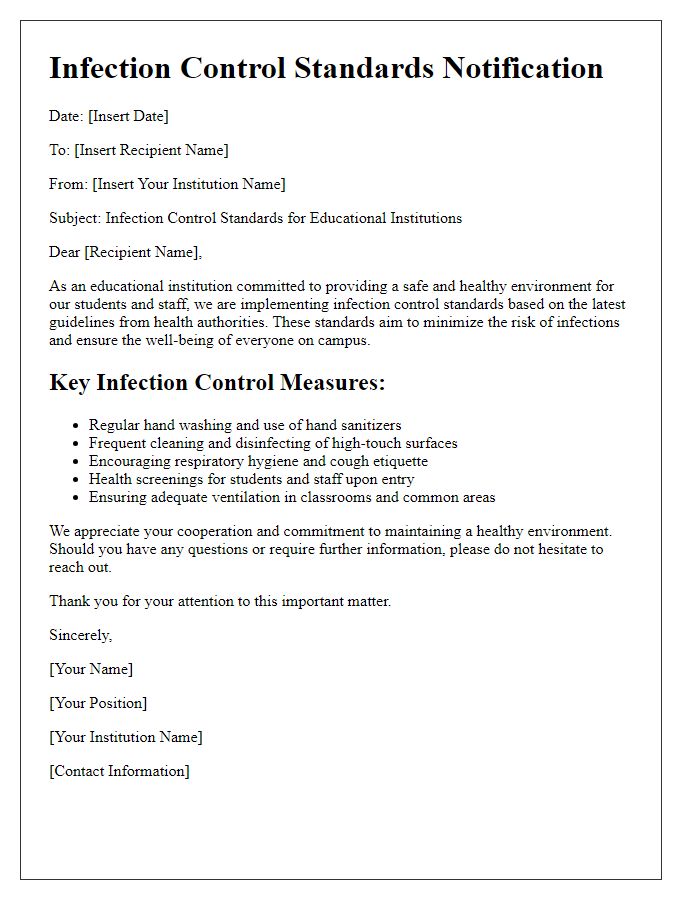 Letter template of infection control standards for educational institutions