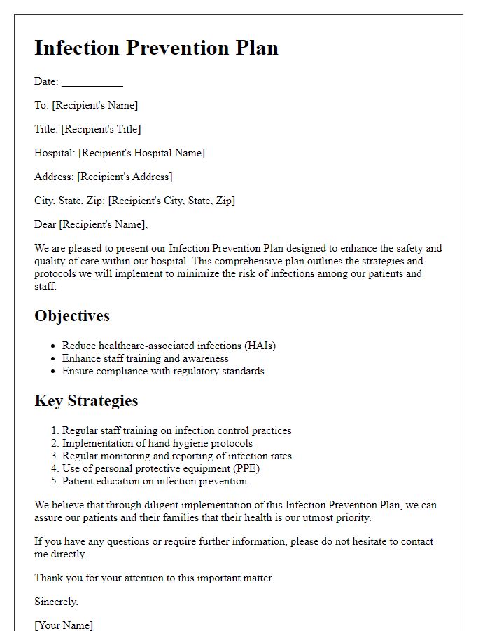 Letter template of infection prevention plans for hospitals