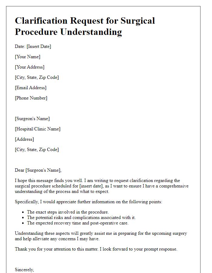 Letter template of clarification request for surgical procedure understanding