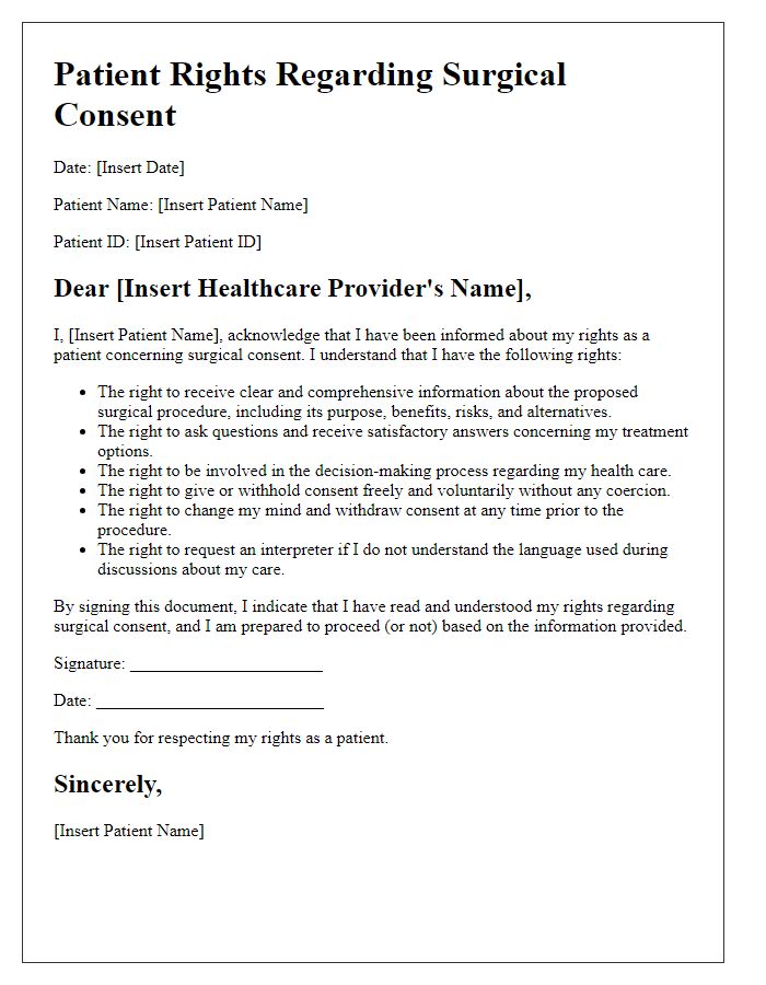 Letter template of patient rights concerning surgical consent