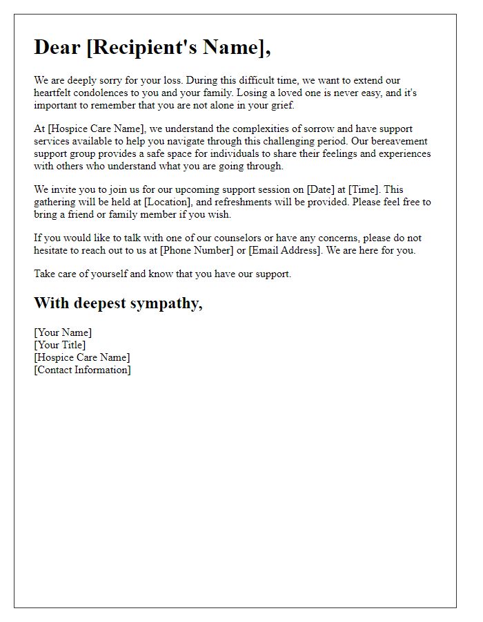 Letter template of hospice care bereavement support