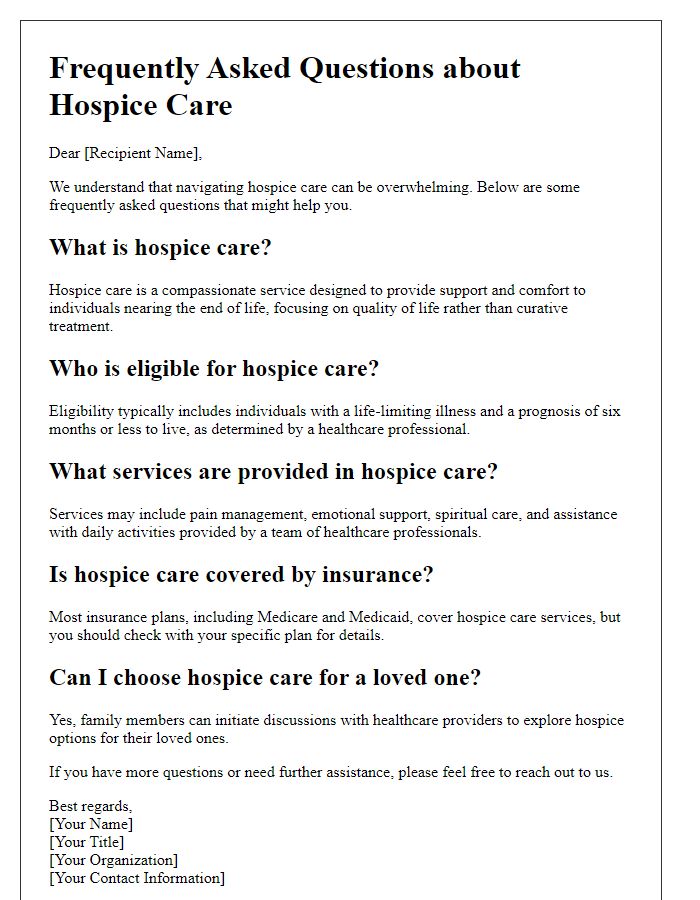 Letter template of hospice care FAQs