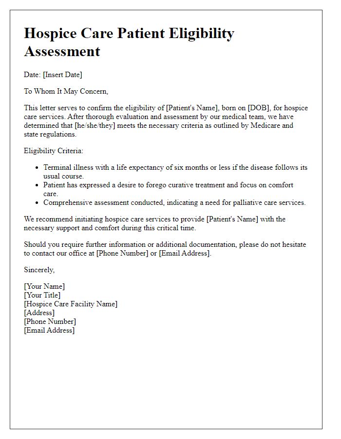 Letter template of hospice care patient eligibility