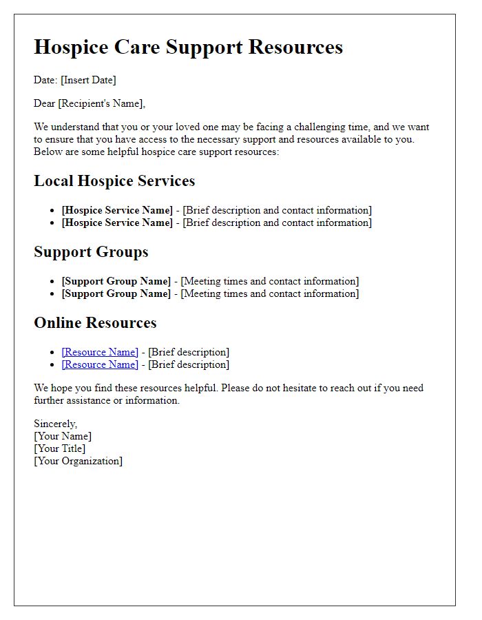 Letter template of hospice care support resources