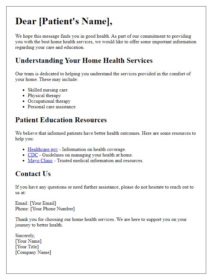 Letter template of home health services for patient education.