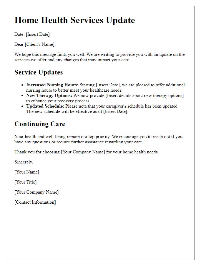 Letter template of home health services for service updates.