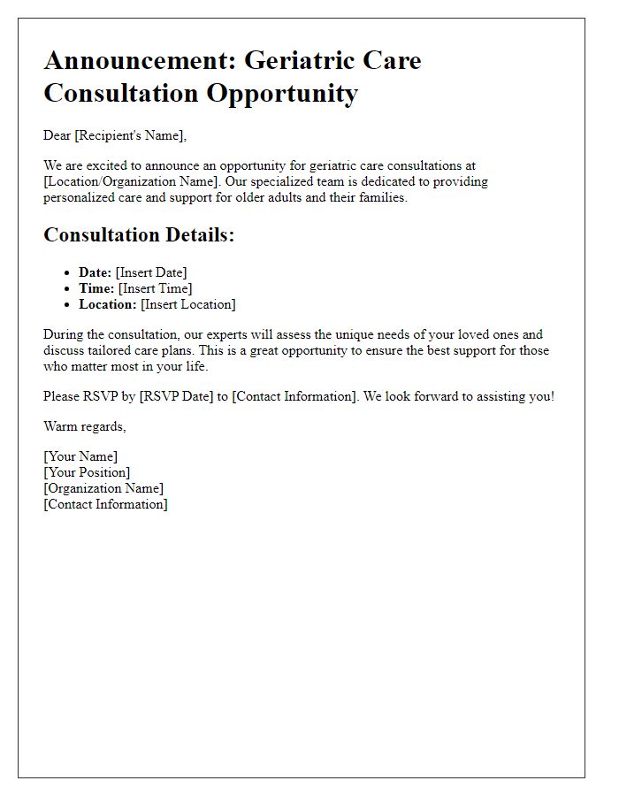 Letter template of announcement for geriatric care consultation opportunity