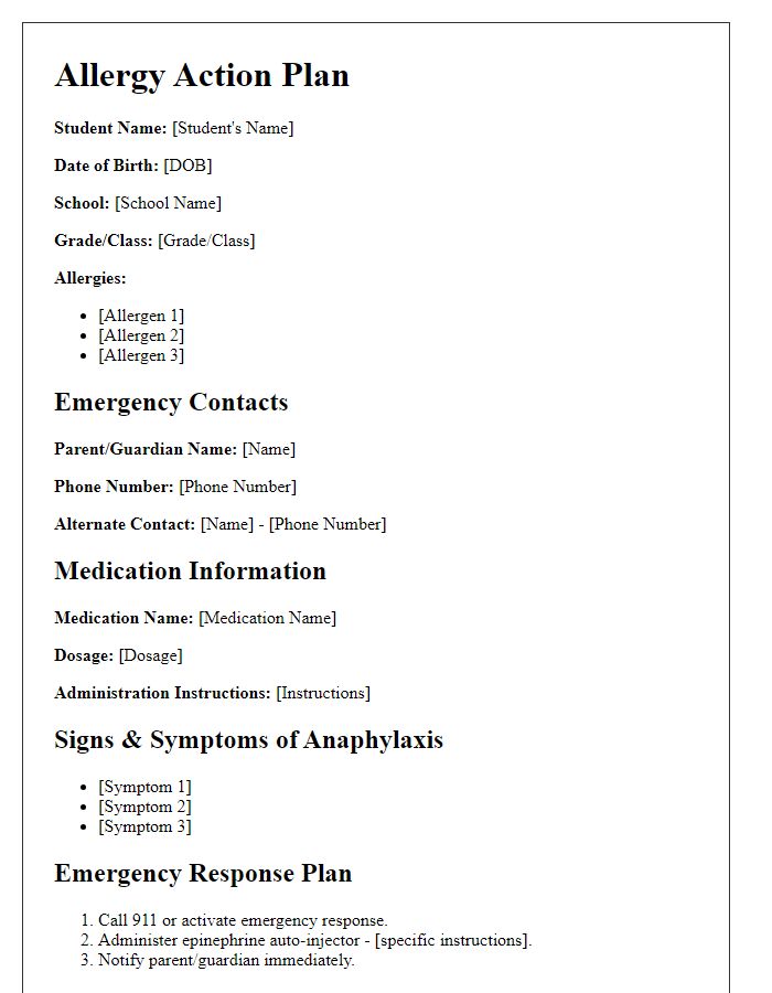 Letter template of Allergy Action Plan for Schools