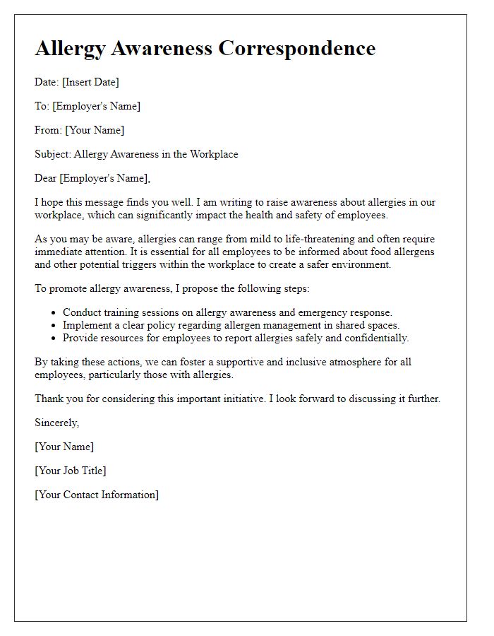 Letter template of Allergy Awareness Correspondence for Employers