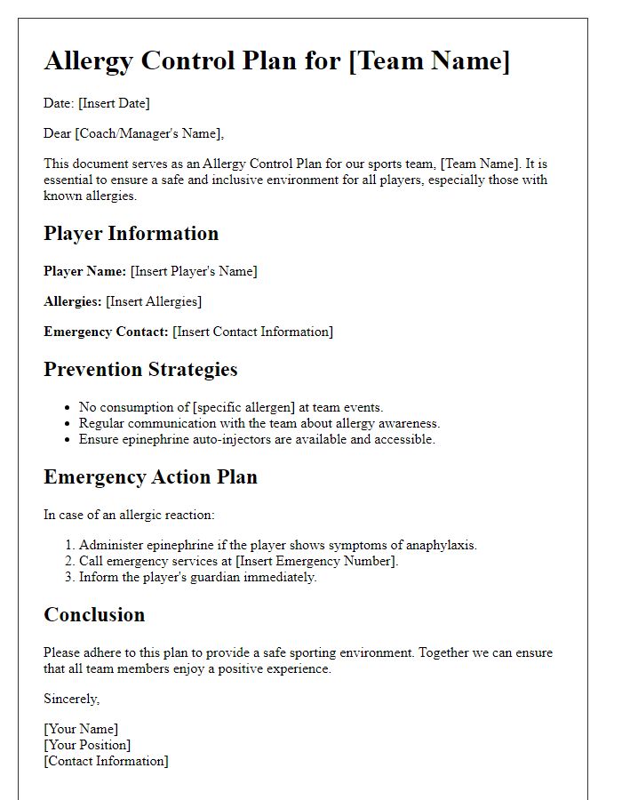 Letter template of Allergy Control Plan for Sports Teams