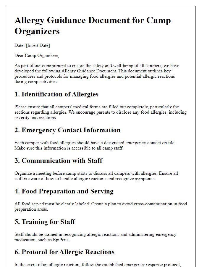 Letter template of Allergy Guidance Document for Camp Organizers