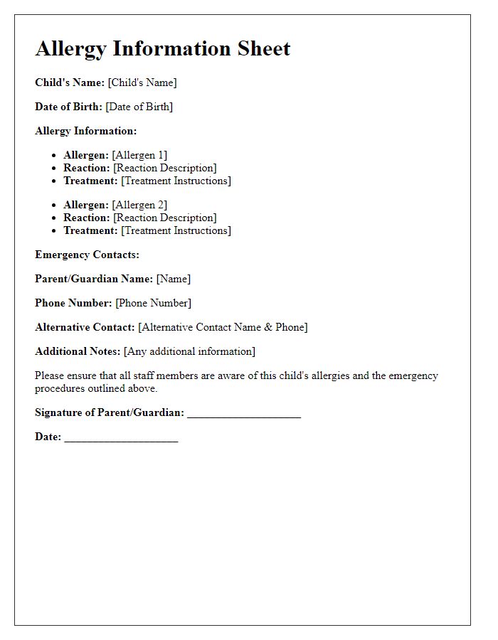 Letter template of Allergy Information Sheet for Childcare Providers