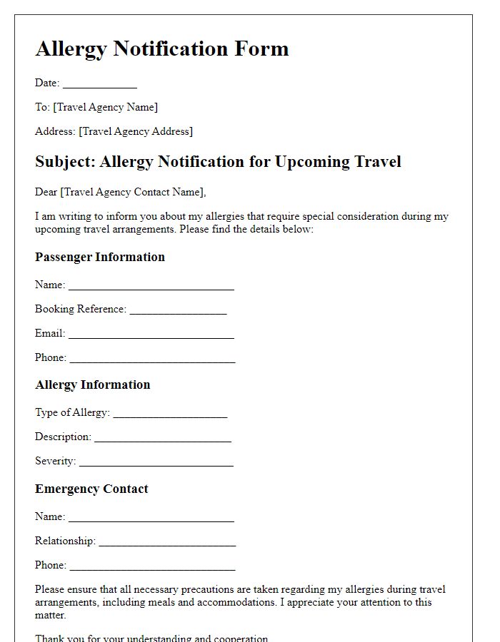 Letter template of Allergy Notification Form for Travel Agencies