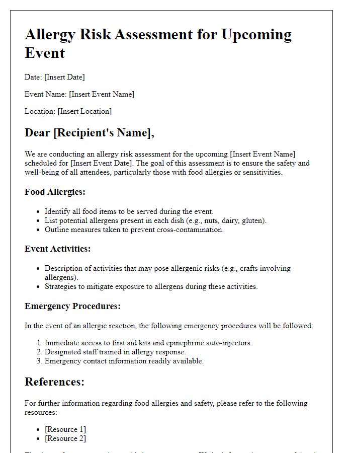 Letter template of Allergy Risk Assessment for Events