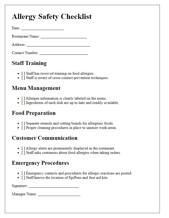 Letter template of Allergy Safety Checklist for Restaurants