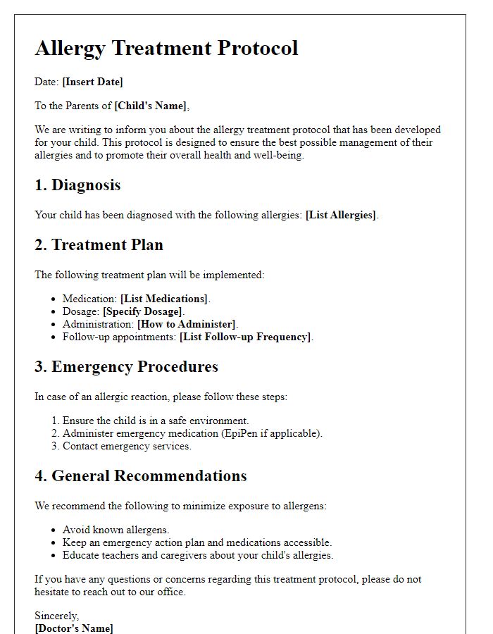 Letter template of Allergy Treatment Protocol for Parents