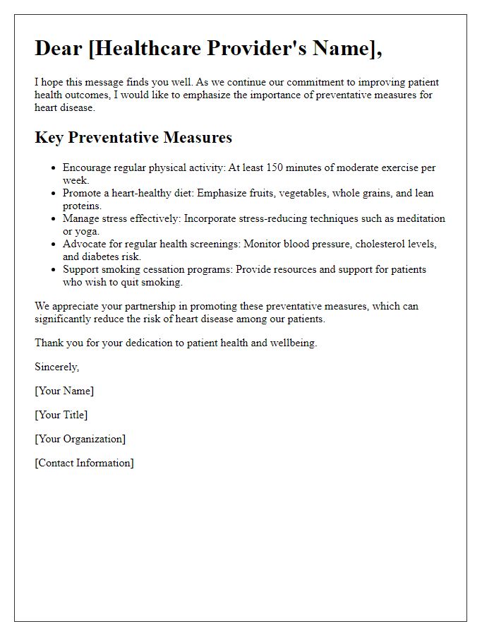 Letter template of heart disease preventative measures for healthcare providers