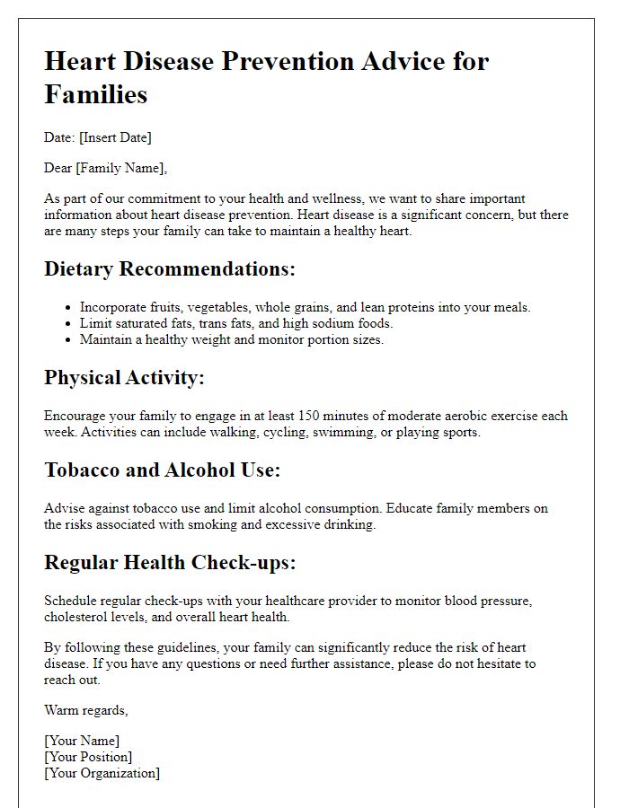 Letter template of heart disease prevention advice for families