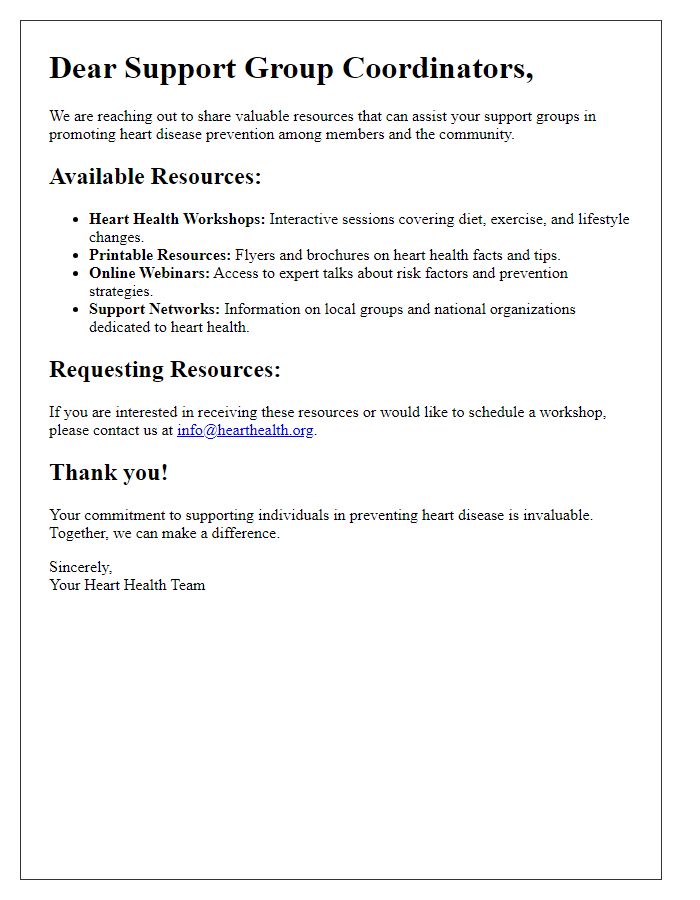 Letter template of heart disease prevention resources for support groups