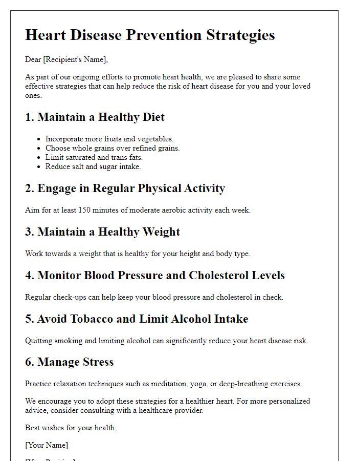 Letter template of heart disease prevention strategies for individuals