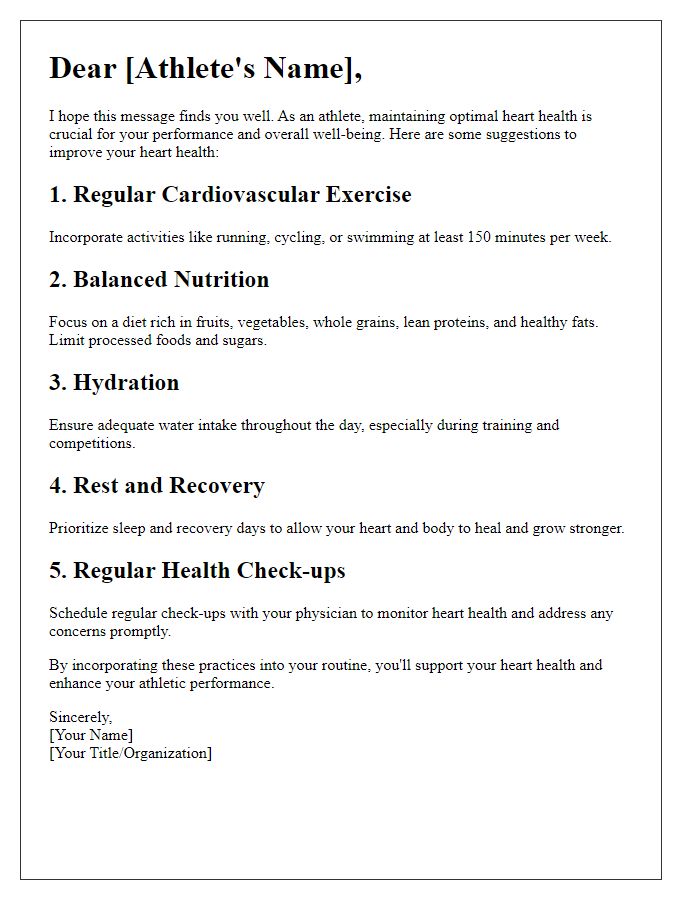 Letter template of heart health improvement suggestions for athletes