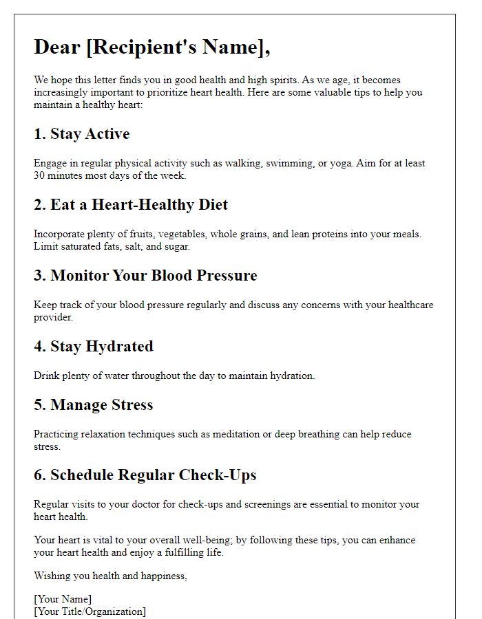 Letter template of heart-health tips for seniors