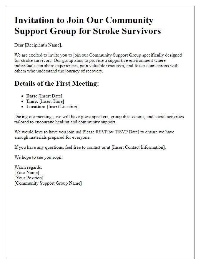 Letter template of community support group invitation for stroke survivors.