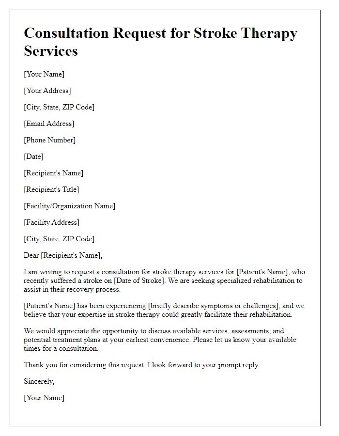 Letter template of consultation request for stroke therapy services.