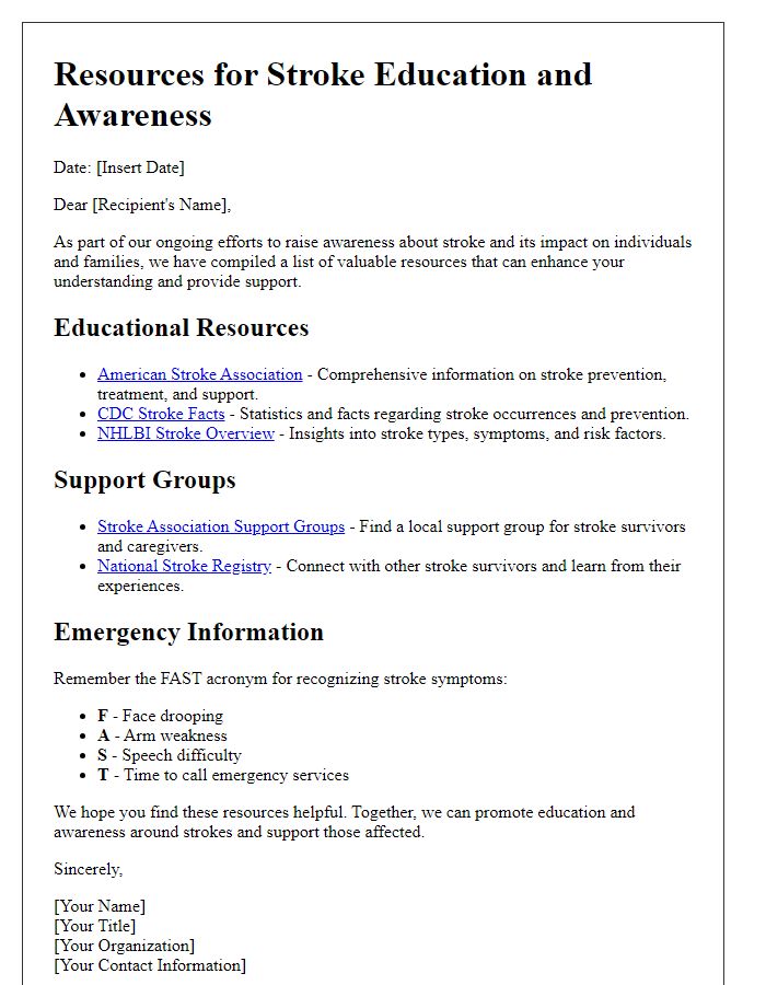 Letter template of resources for stroke education and awareness.