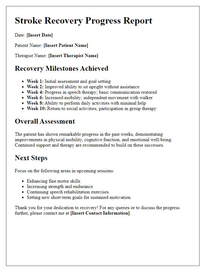 Letter template of stroke recovery milestones for tracking progress.