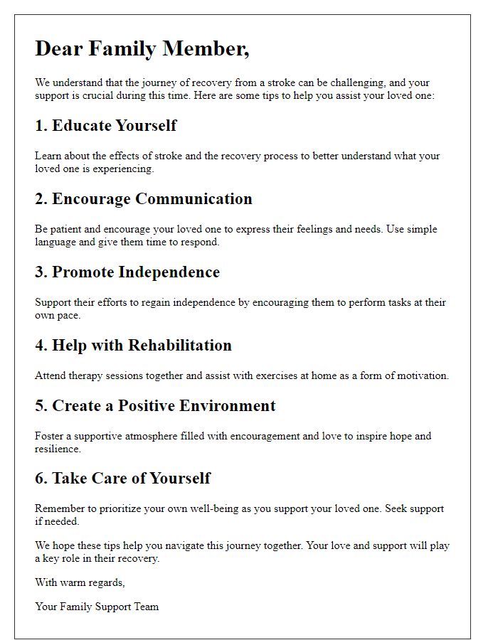 Letter template of stroke recovery tips for family members.