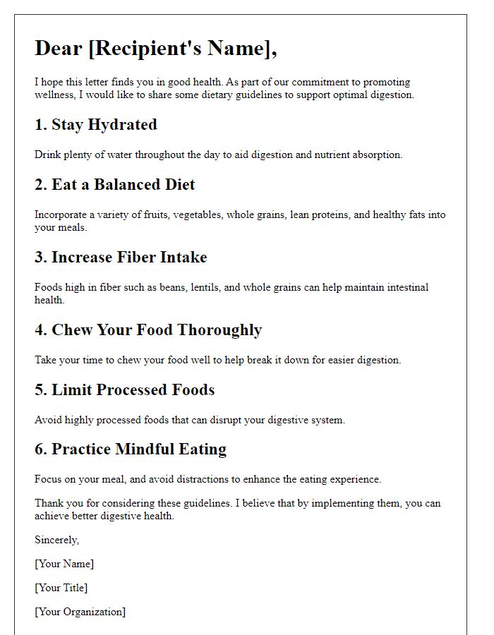 Letter template of dietary guidelines for optimal digestion