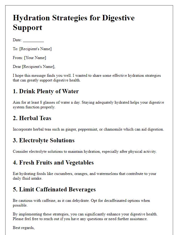 Letter template of hydration strategies for digestive support