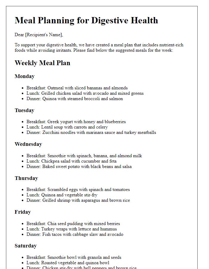 Letter template of meal planning for digestive health