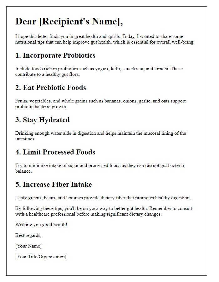 Letter template of nutritional tips for better gut health