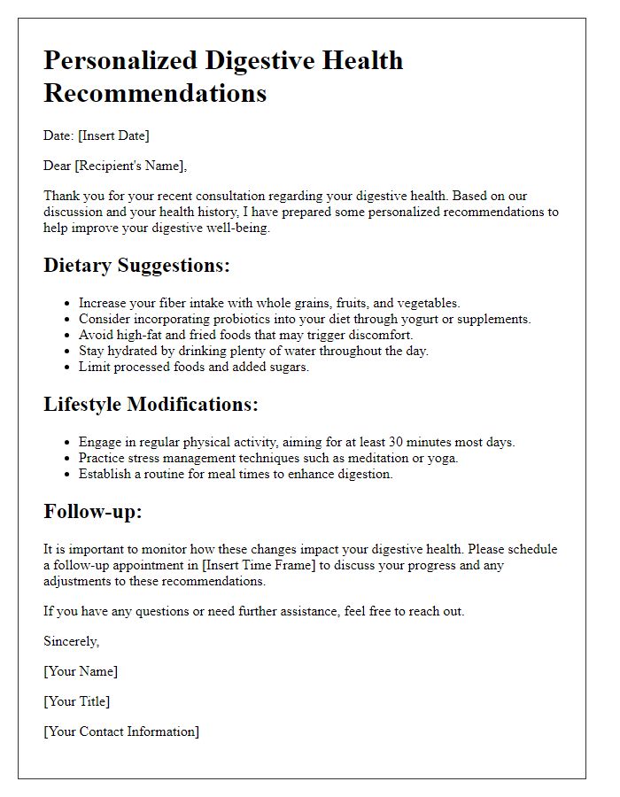 Letter template of personalized digestive health recommendations