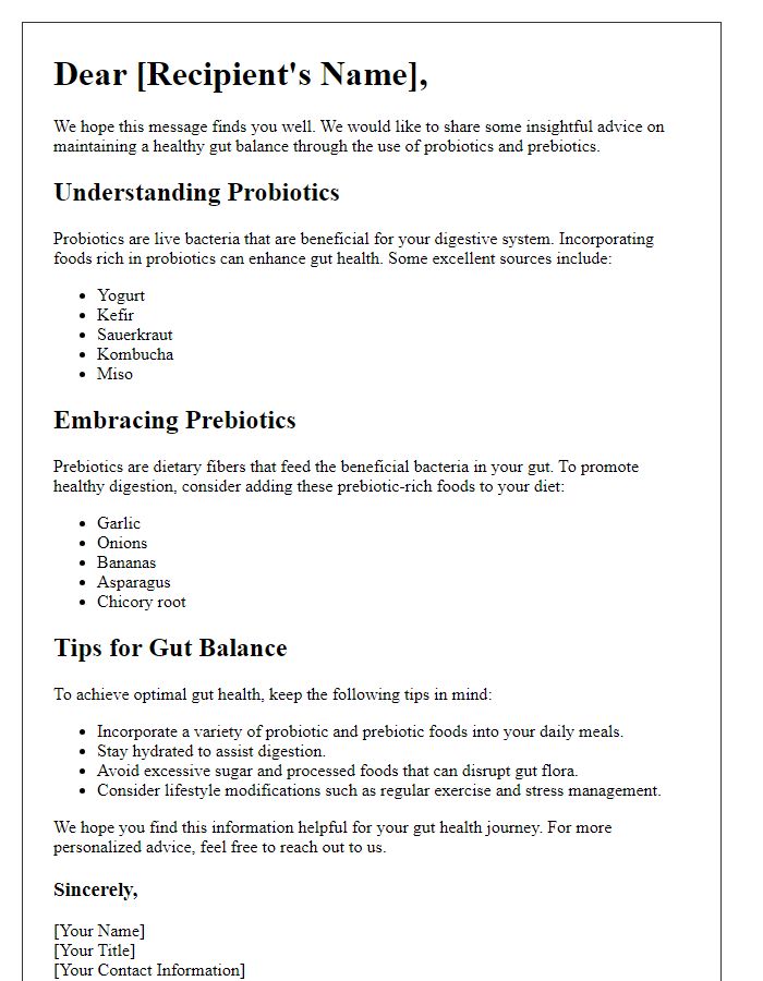 Letter template of probiotic and prebiotic advice for gut balance